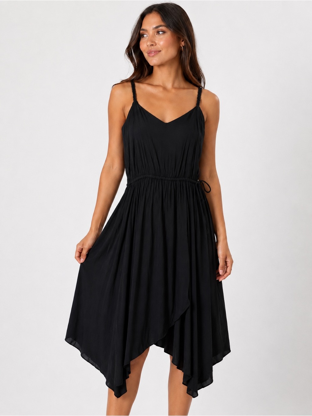 GAP Black Handkerchief Hem Midi Dress Size 12 Tie Waist Lined